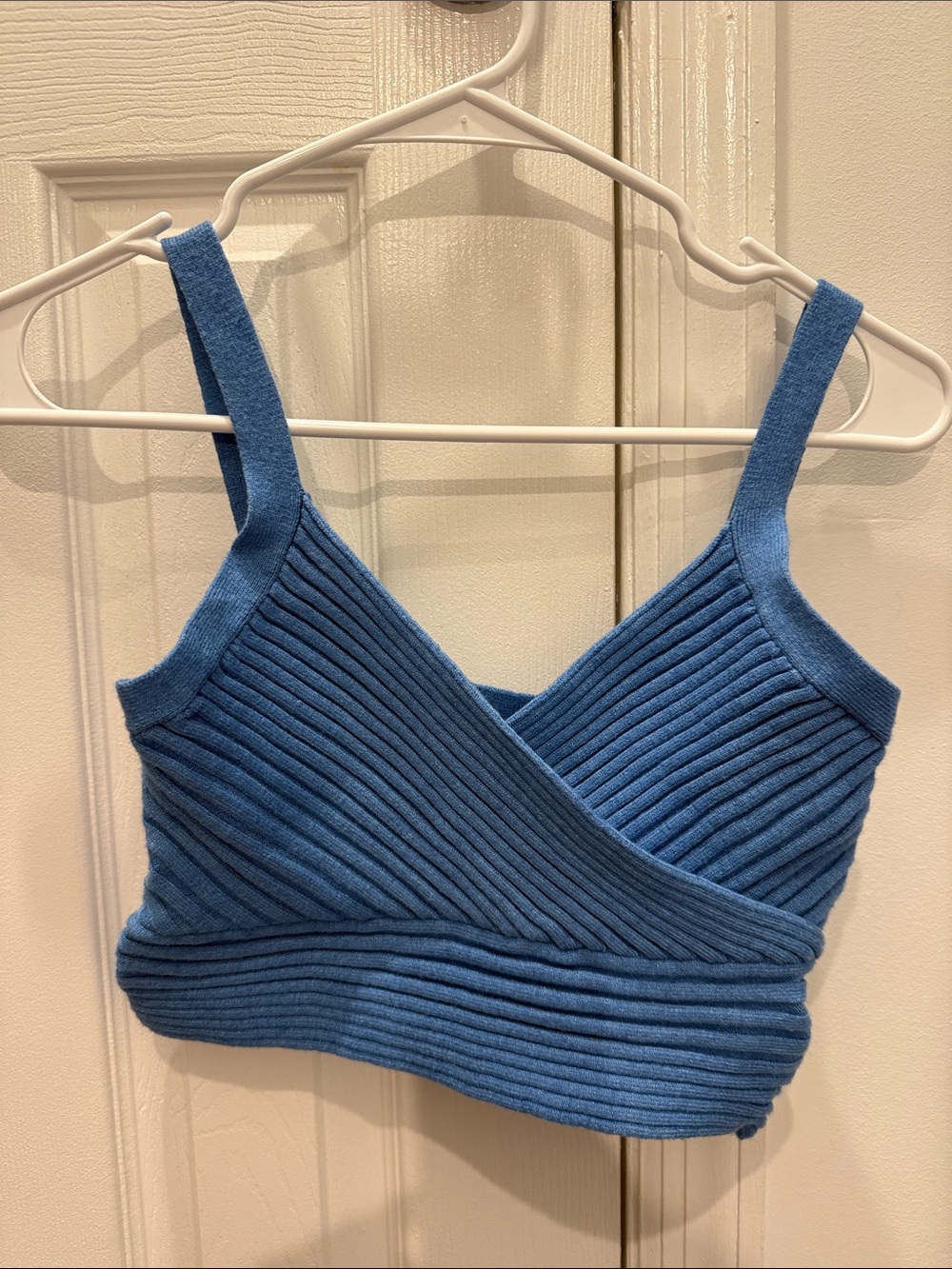 Princess Polly Ribbed Wrap Crop Top in Sky Blue